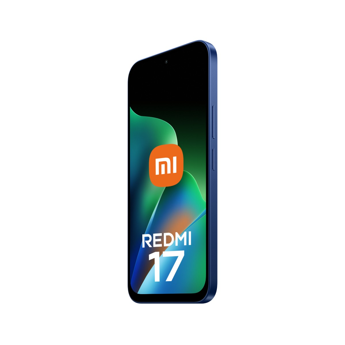 Ein blaues Redmi 17 Smartphone mit einem farbigen Bildschirm und dem Xiaomi-Logo auf weißem Hintergrund.