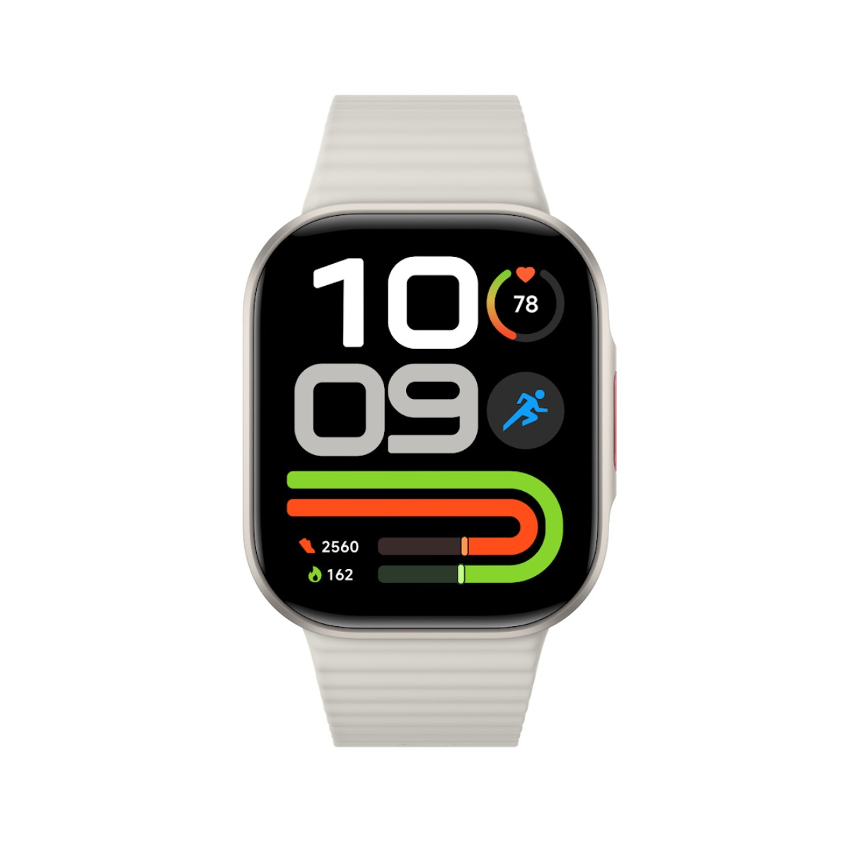 Eine Smartwatch mit hellem Armband zeigt das Display mit großer Uhrzeit, Herzfrequenz und Aktivitätsringen an.