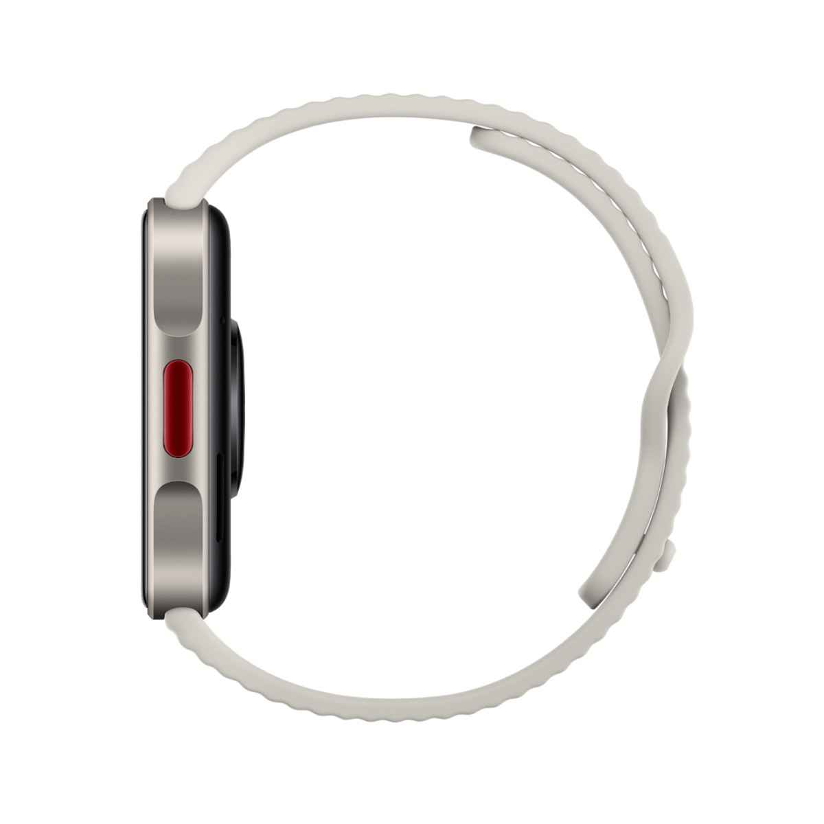 Seitenansicht einer Smartwatch mit grauem Gehäuse, roter Taste und weißem Silikonarmband vor weißem Hintergrund.