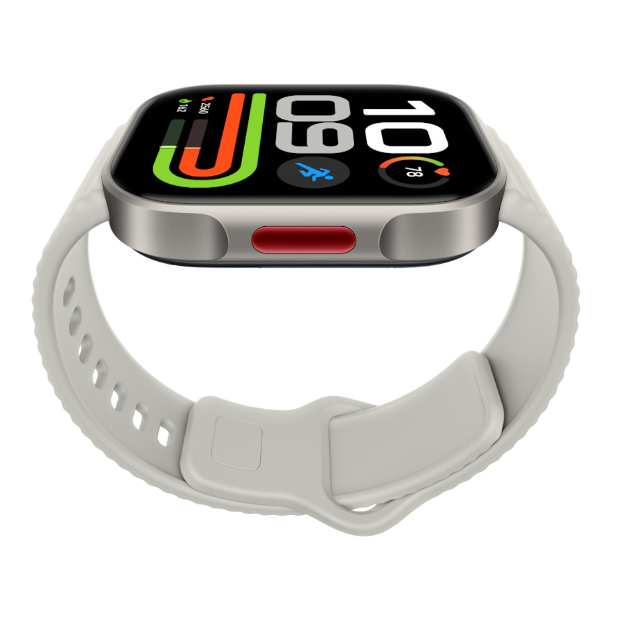 Eine Smartwatch mit silbernem Gehäuse, rotem Seitenknopf und grauem Silikonarmband zeigt ein digitales Zifferblatt.