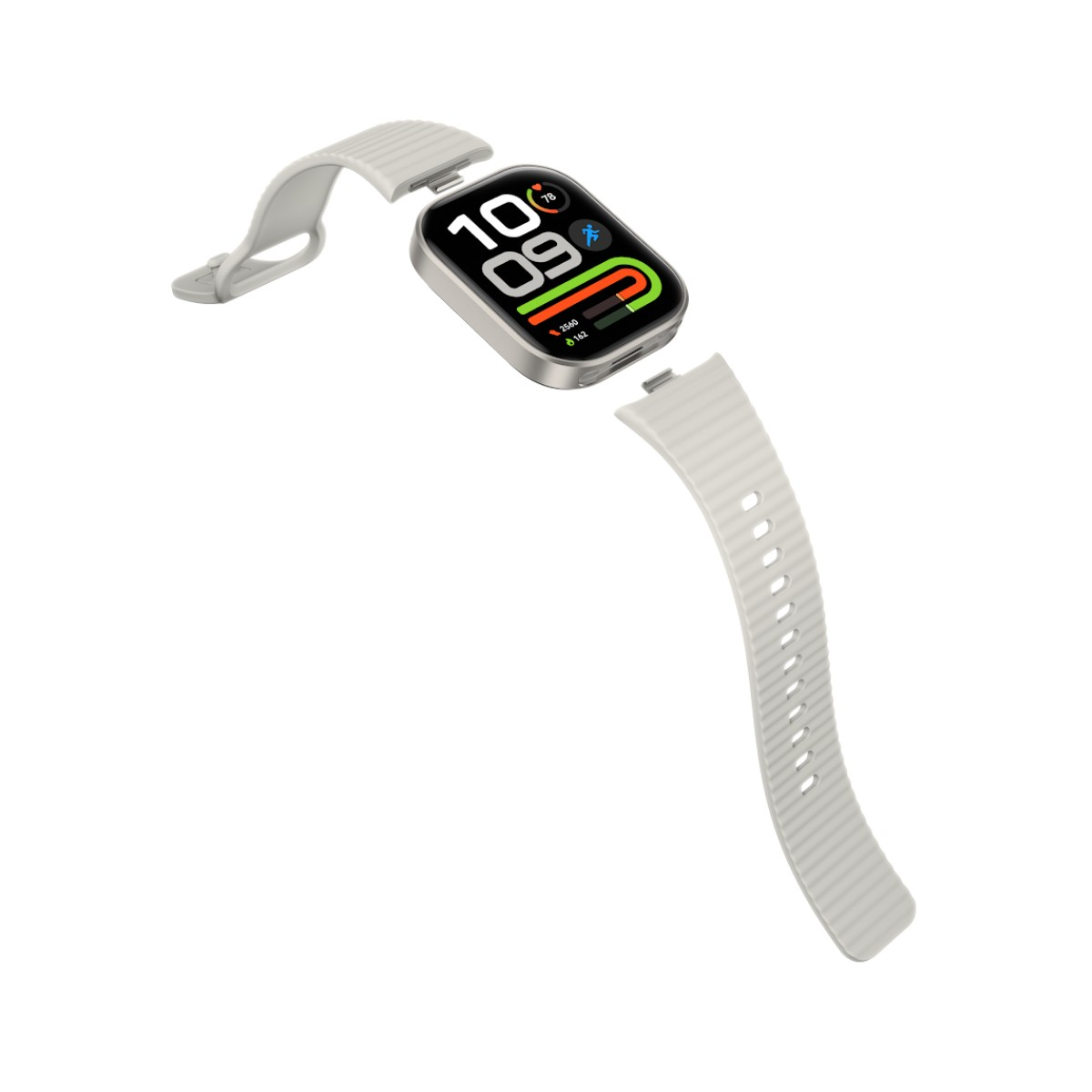 Eine silberne Smartwatch mit grauem, abnehmbarem Armband auf weißem Hintergrund.