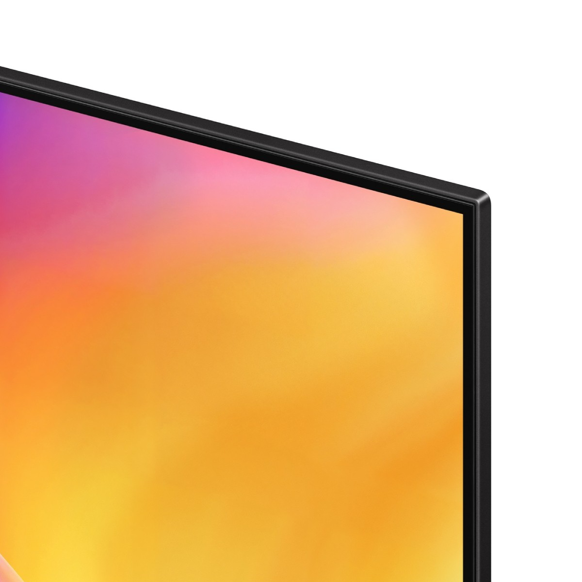 Primer plano de la esquina superior derecha de un televisor moderno con una pantalla colorida sobre fondo blanco.