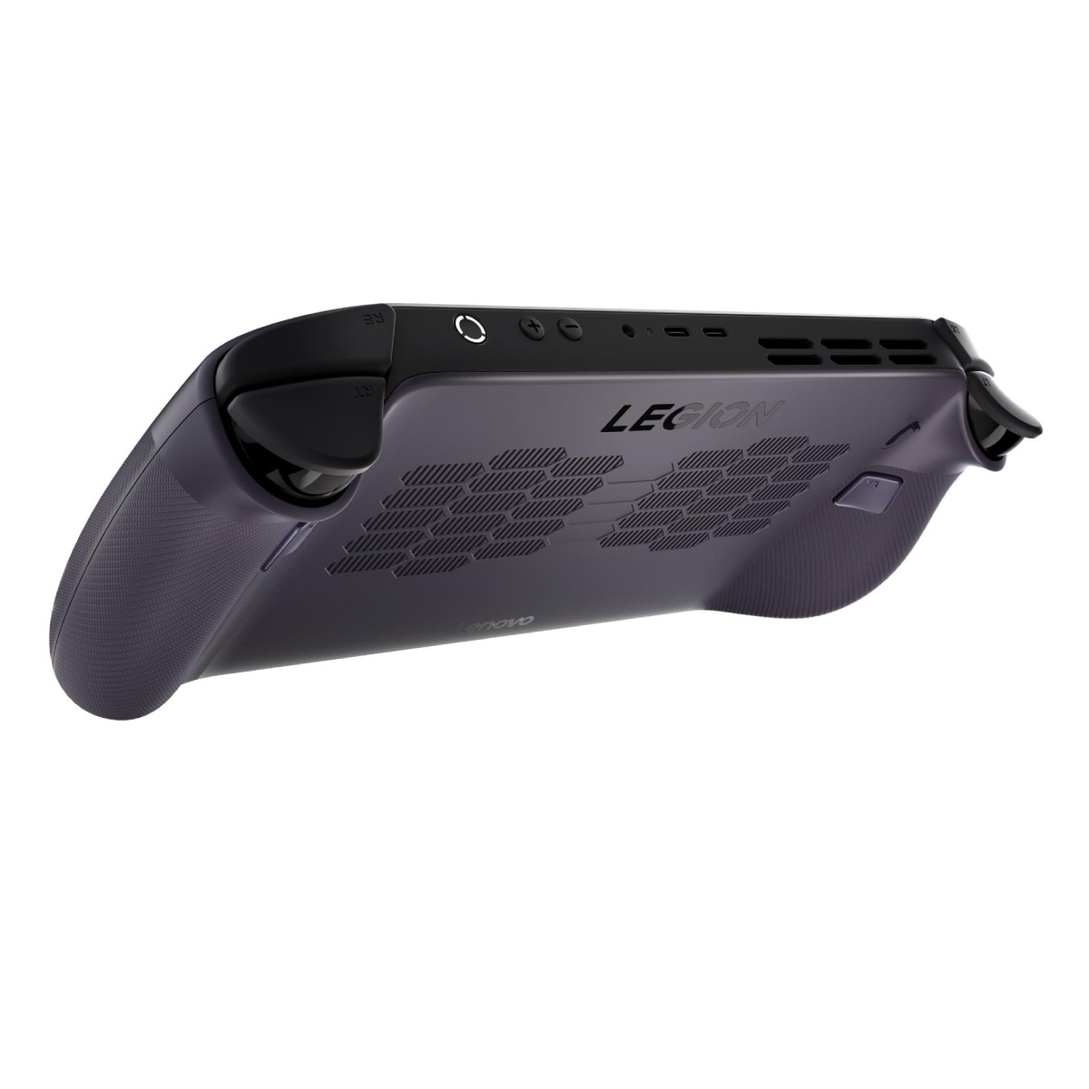 Vista posteriore della console di gioco portatile Lenovo Legion Go che mostra prese d'aria, pulsanti e grilletti.