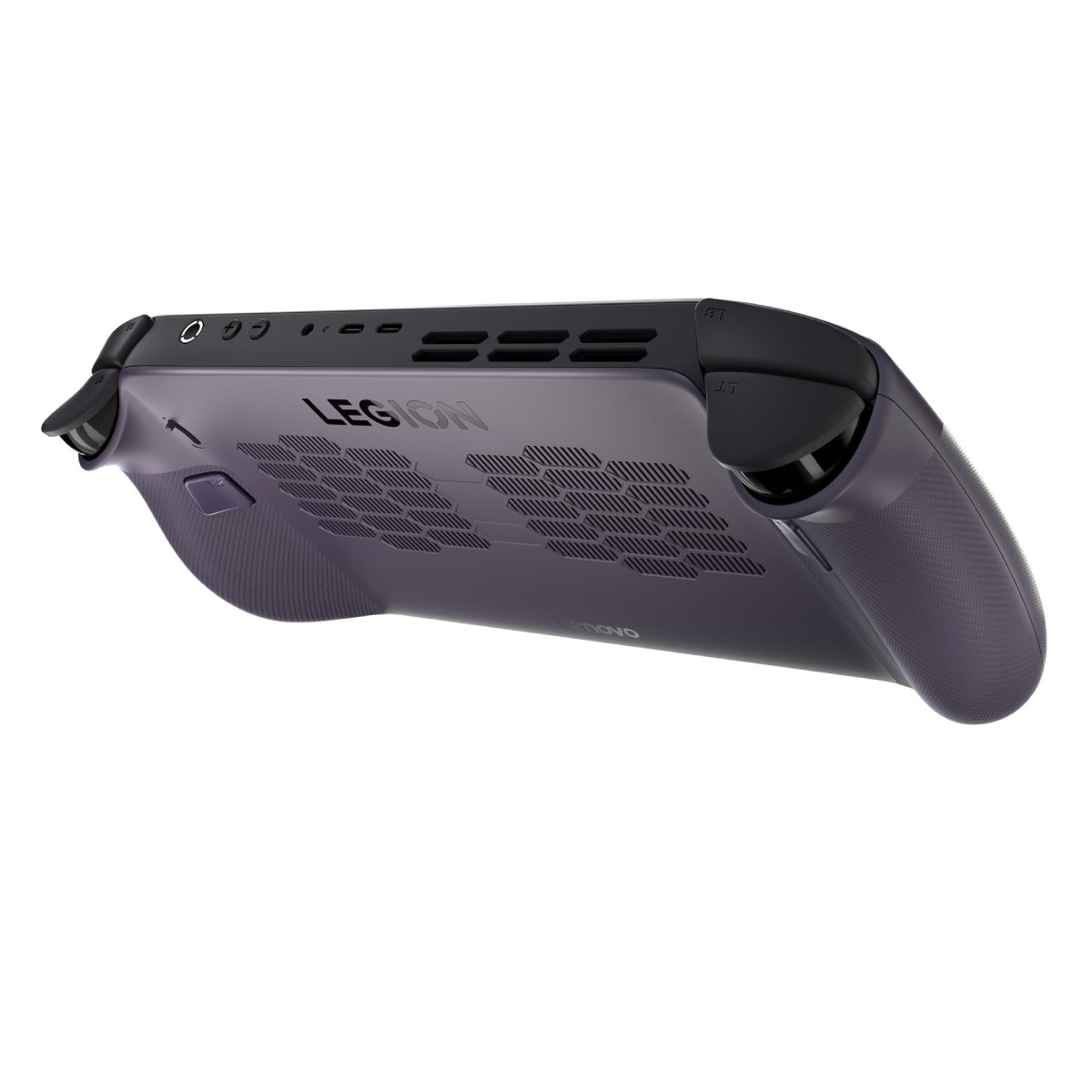 Parte inferiore e posteriore di una console di gioco portatile grigio scuro con griglie di ventilazione e logo Legion.
