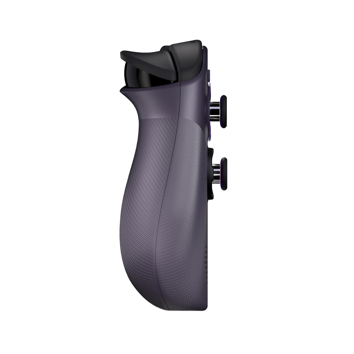 Vista laterale di un controller wireless per Xbox viola con impugnatura testurizzata e grilletti neri.