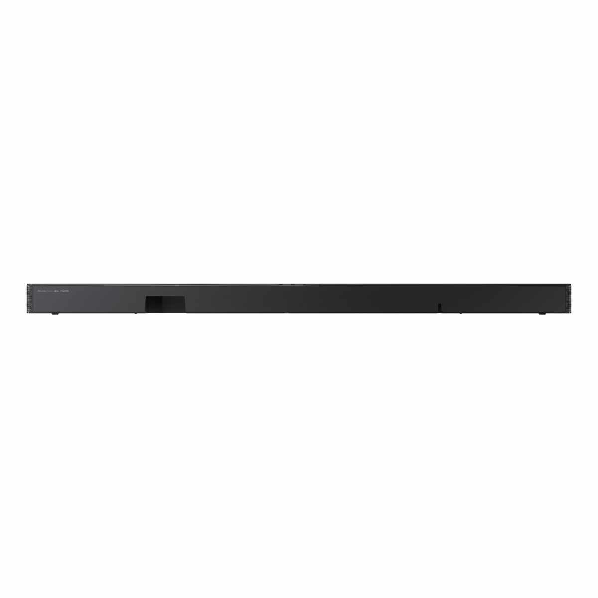 Langer, schwarzer Soundbar vor weißem Hintergrund.