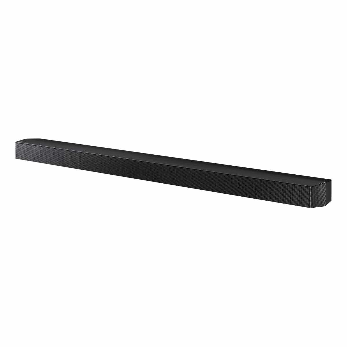 Eine lange, schlanke schwarze Soundbar isoliert auf einem weißen Hintergrund.