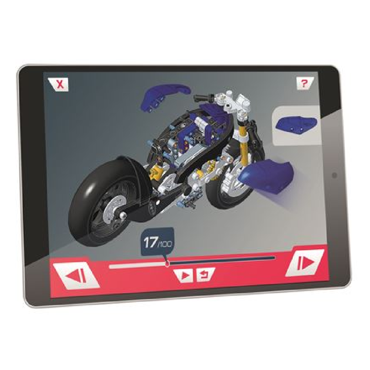 Un tablet mostra le istruzioni di montaggio 3D per un modello di motocicletta con parti blu e nere.