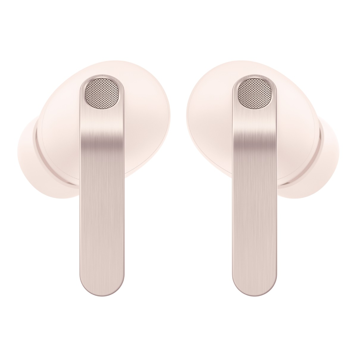 Paio di auricolari wireless rosa chiaro con steli color oro metallizzato e griglie per altoparlanti rotonde su sfondo bianco.