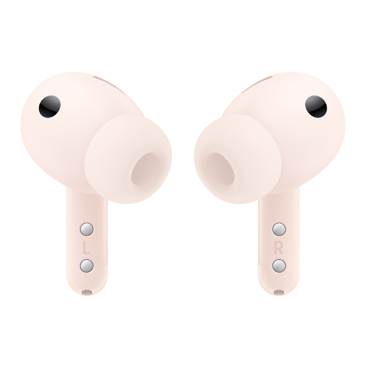 Due cuffie in-ear rosa chiaro con steli e punte auricolari rotonde su sfondo bianco.
