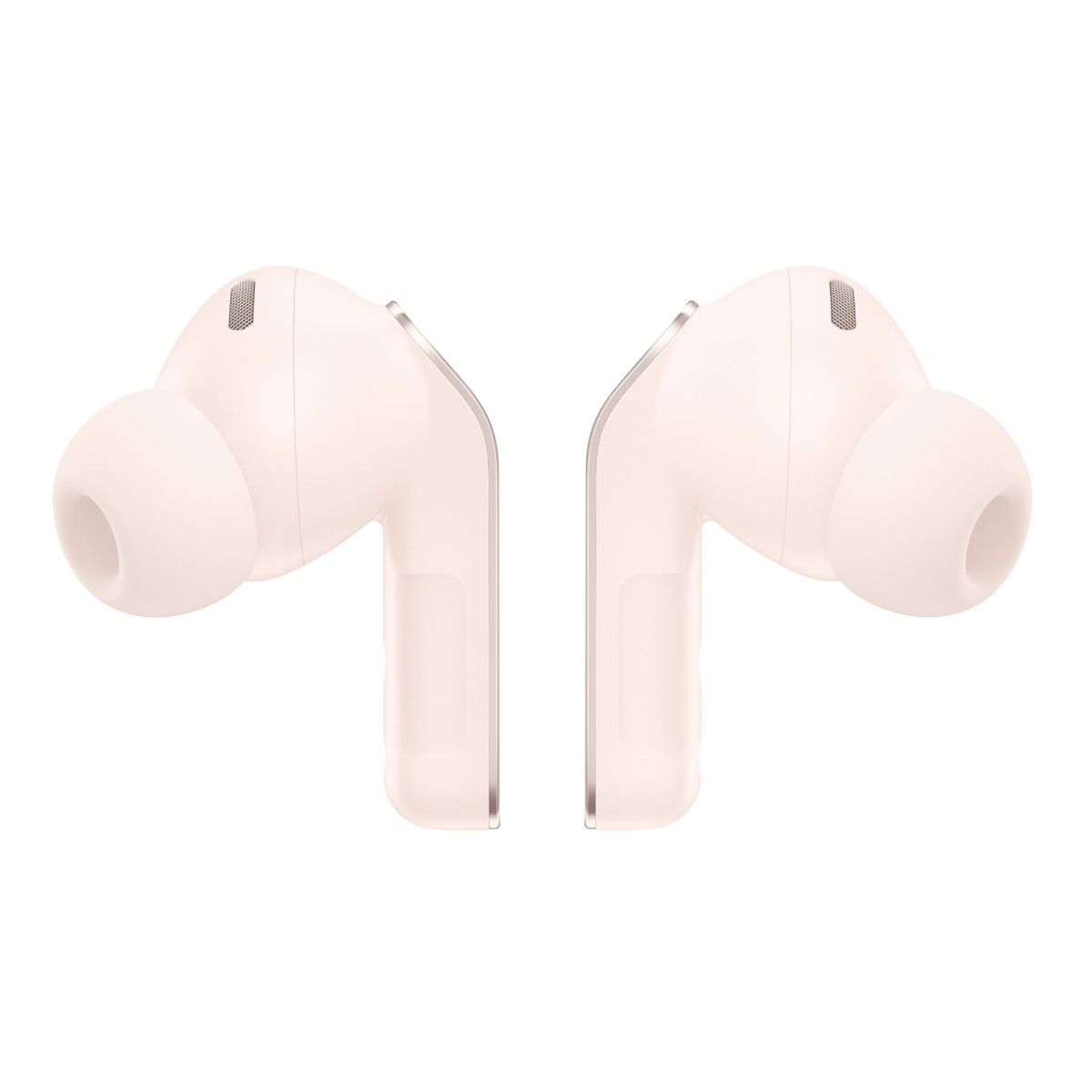 Due auricolari wireless in-ear rosa chiaro con steli, su sfondo bianco.