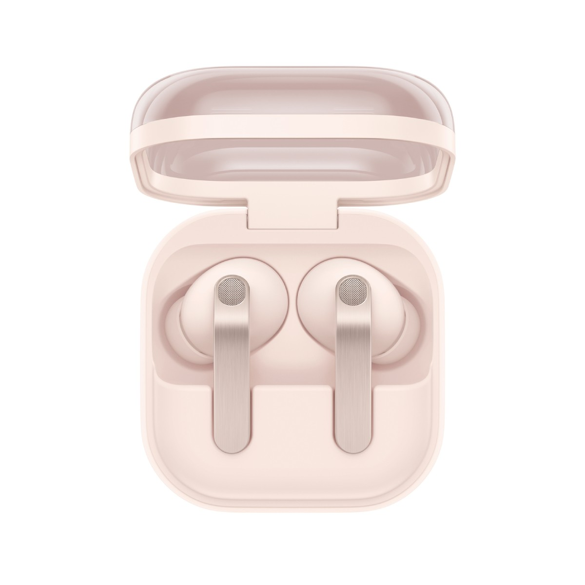 Auricolari wireless rosa in una custodia di ricarica aperta su sfondo bianco.