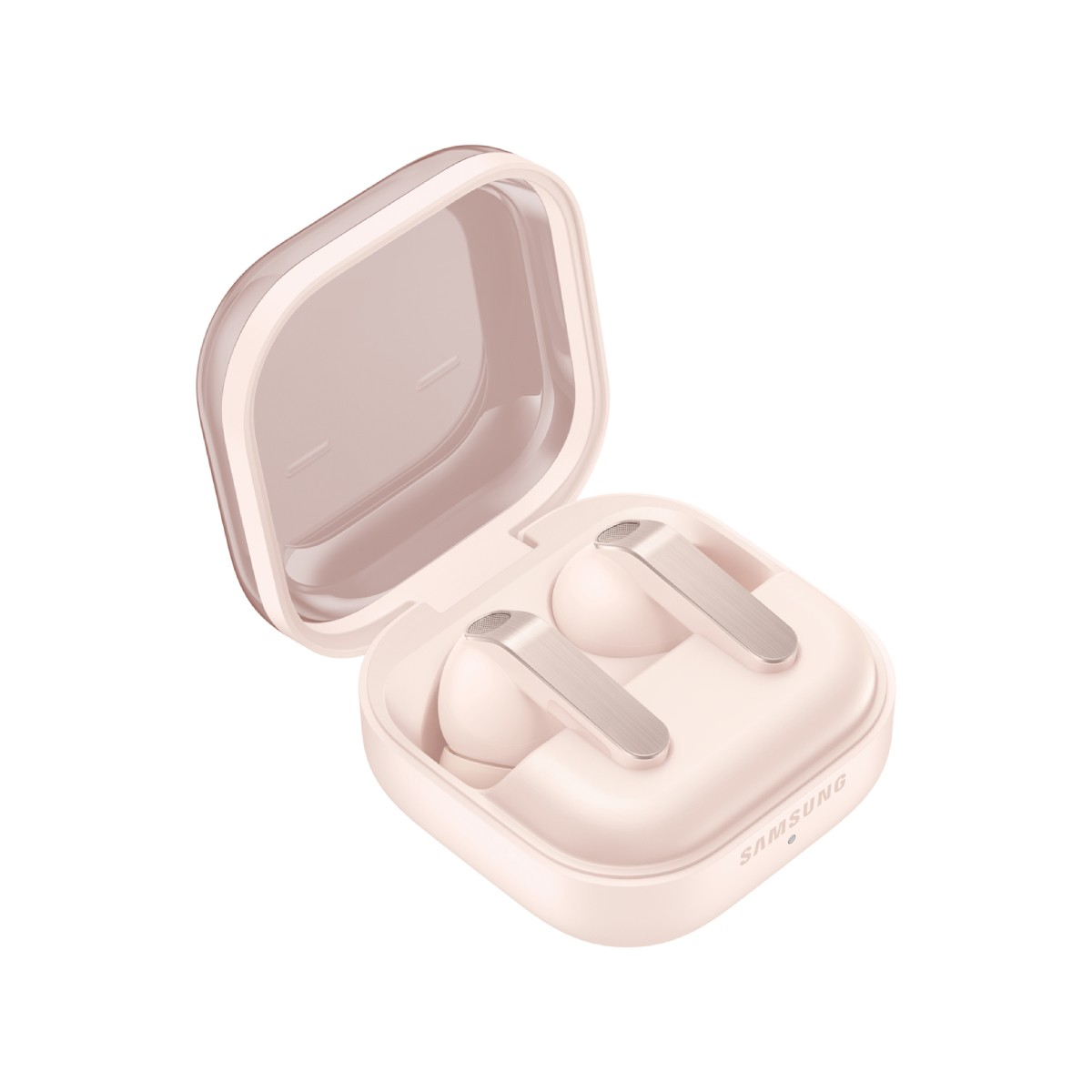 Auricolari wireless Samsung rosa nella custodia di ricarica aperta, visti da un angolo su sfondo bianco.
