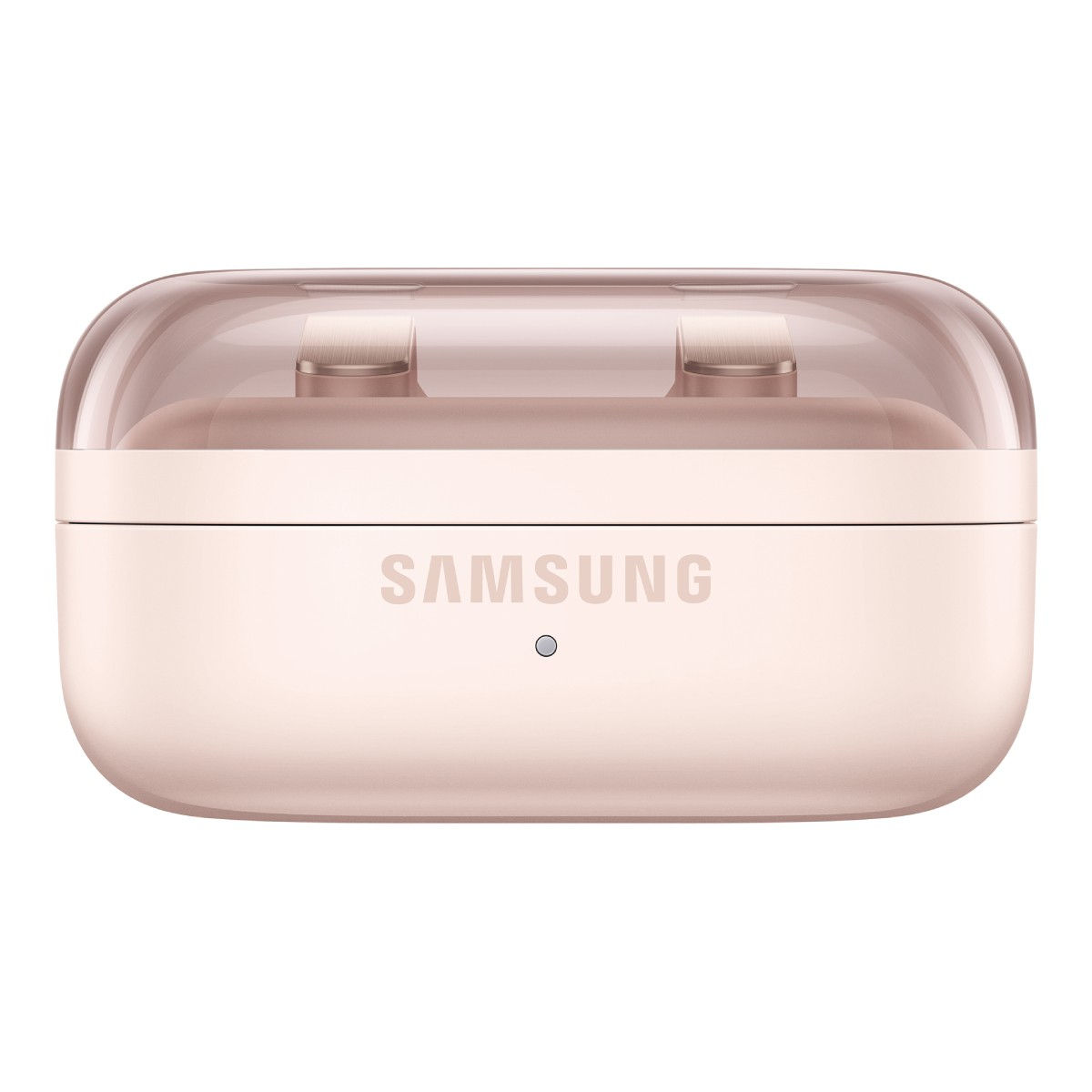Custodia di ricarica rosa chiusa per auricolari wireless Samsung con coperchio trasparente su sfondo bianco.