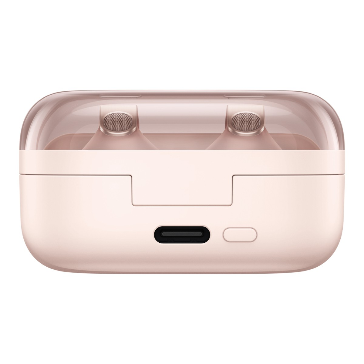 Auricolari wireless rosa in una custodia di ricarica trasparente con porta USB-C.