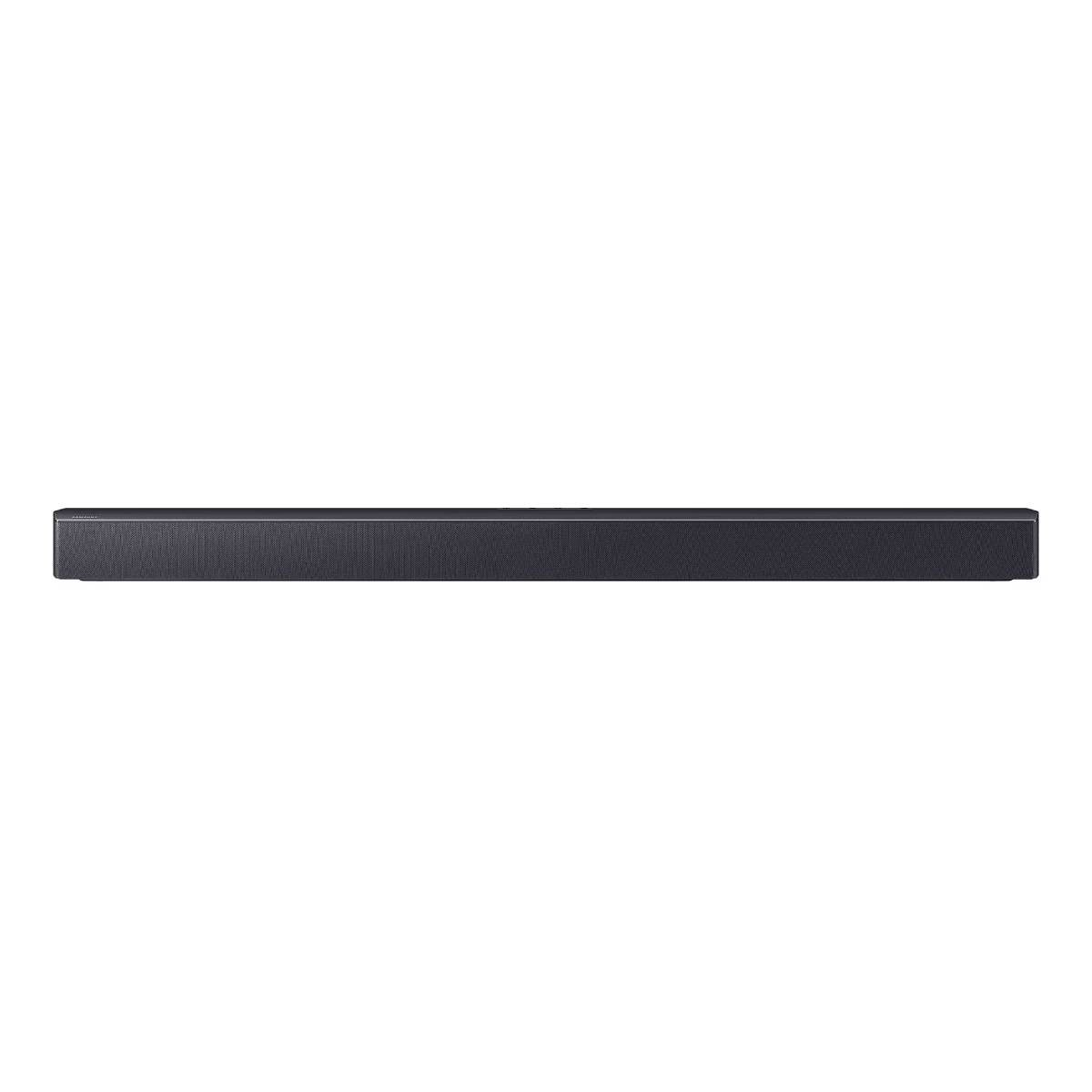 Eine lange schwarze Soundbar isoliert auf einem weißen Hintergrund.