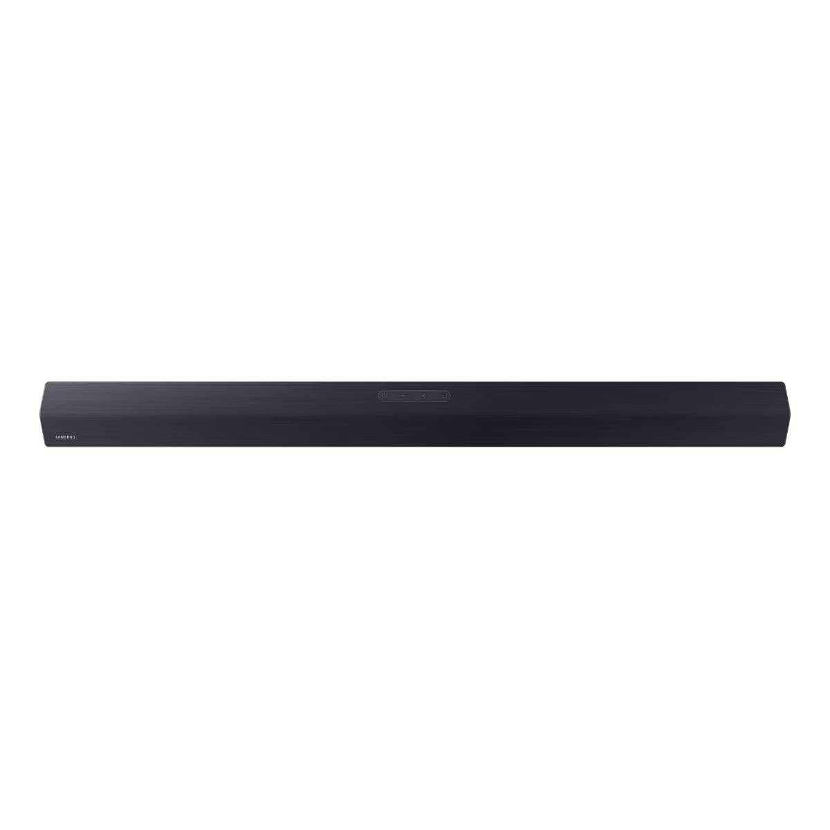 Eine schwarze Samsung Soundbar ist horizontal vor weißem Hintergrund mit Bedientasten oben abgebildet.