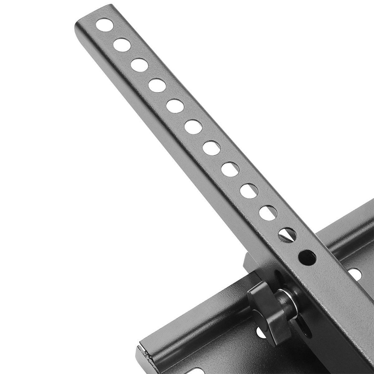 Barra metálica negra con agujeros y un pomo de ajuste en un marco de metal.