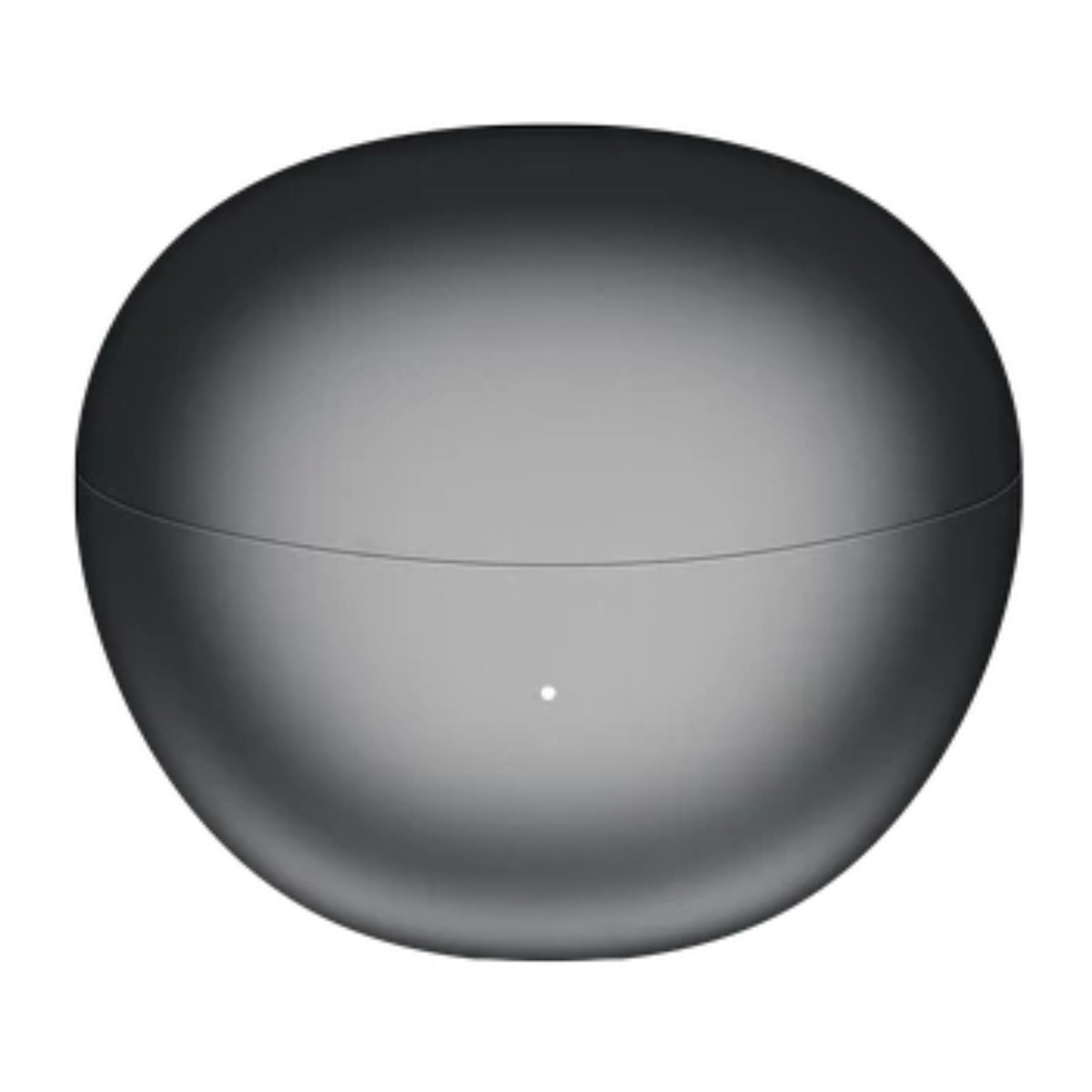 Una custodia di ricarica nera, liscia e arrotondata, con una piccola spia LED bianca sul davanti.