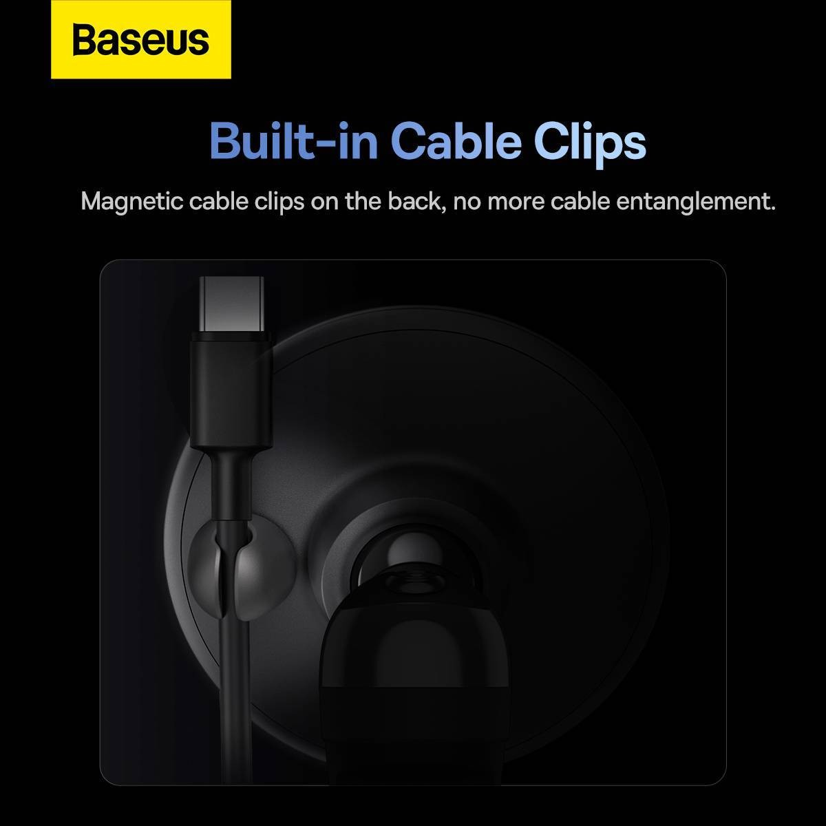 Baseus-Werbung für integrierte magnetische Kabelclips auf der Rückseite zur Vermeidung von Kabelsalat.