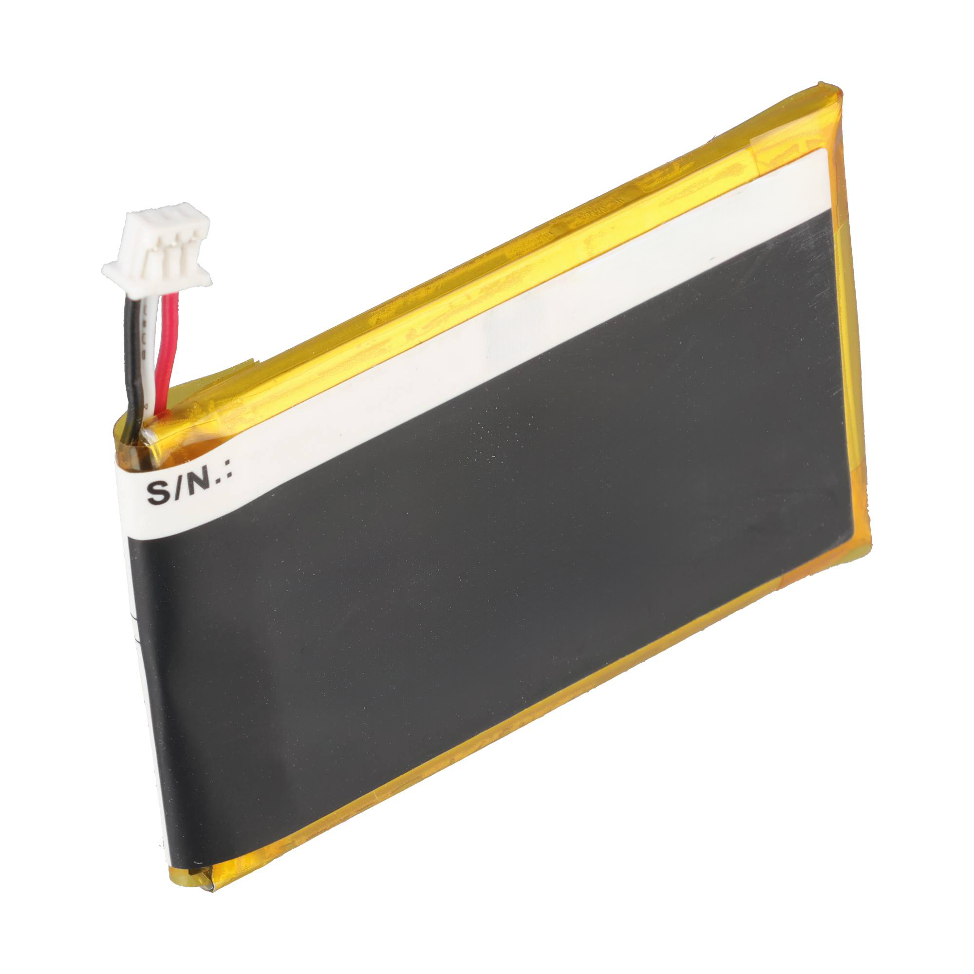 Eine rechteckige Lithium-Polymer-Batterie in gelbem Klebeband mit schwarzer Vorderseite, weißem Etikett und Stecker.
