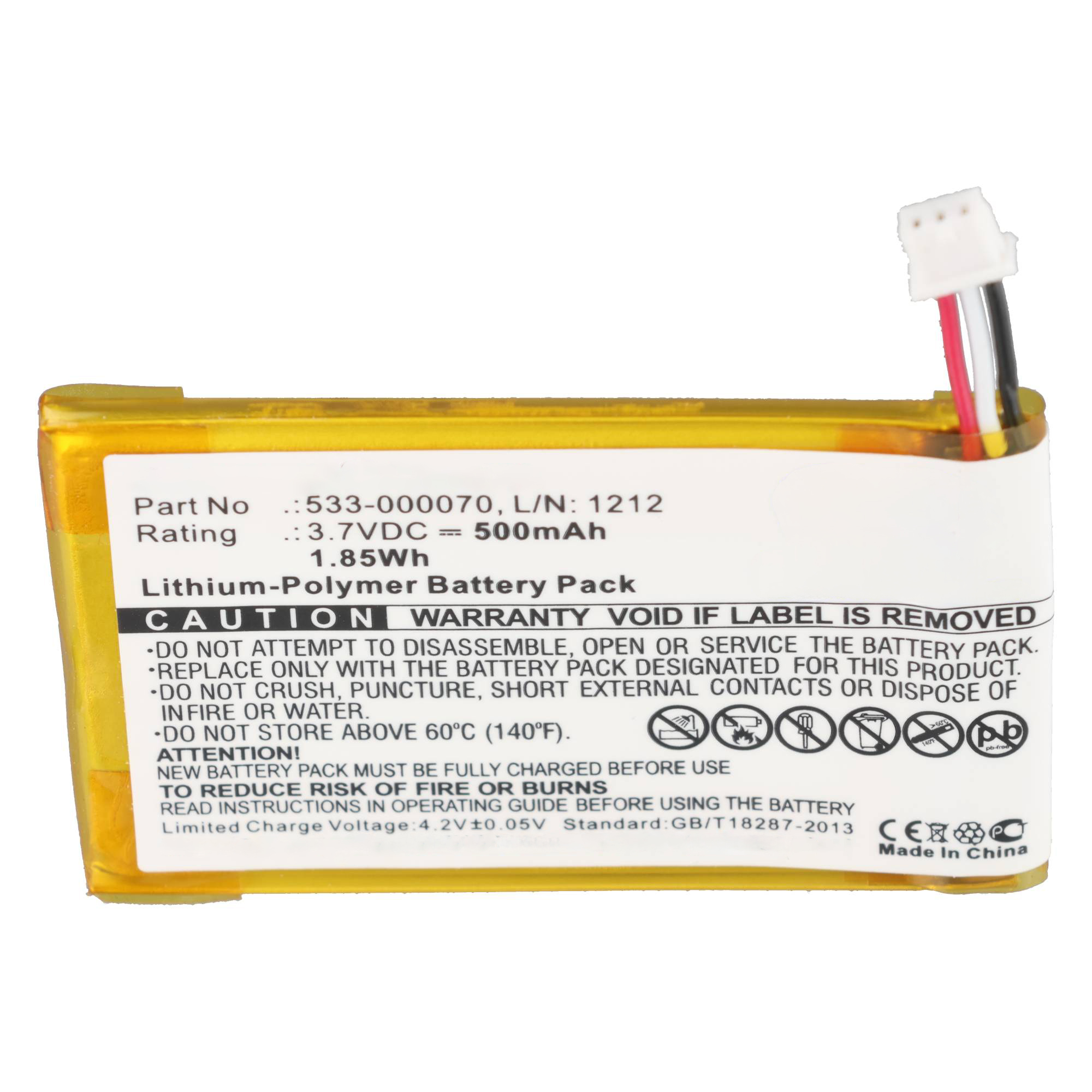 Eine Lithium-Polymer-Batterie mit gelbem Schutz und einem kleinen weißen Stecker.