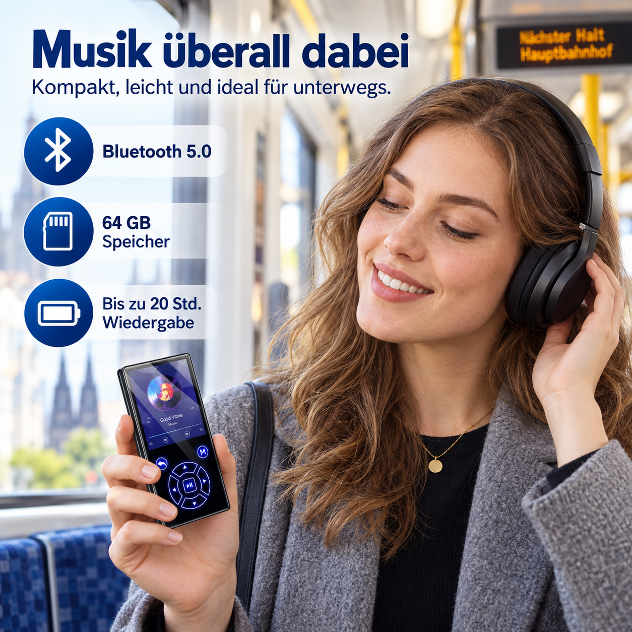 Eine junge Frau im Zug hört Musik mit Kopfhörern und einem MP3-Player, neben Produkttexten.