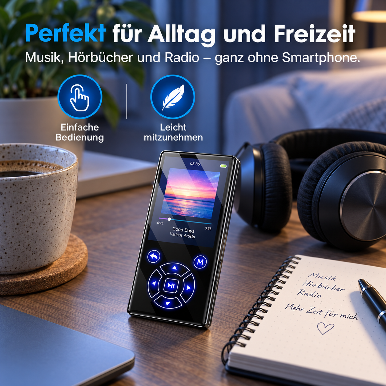 Ein MP3-Player auf einem Tisch mit Kopfhörern, einem Notizbuch, einem Kaffeebecher und Textüberlagerungen.