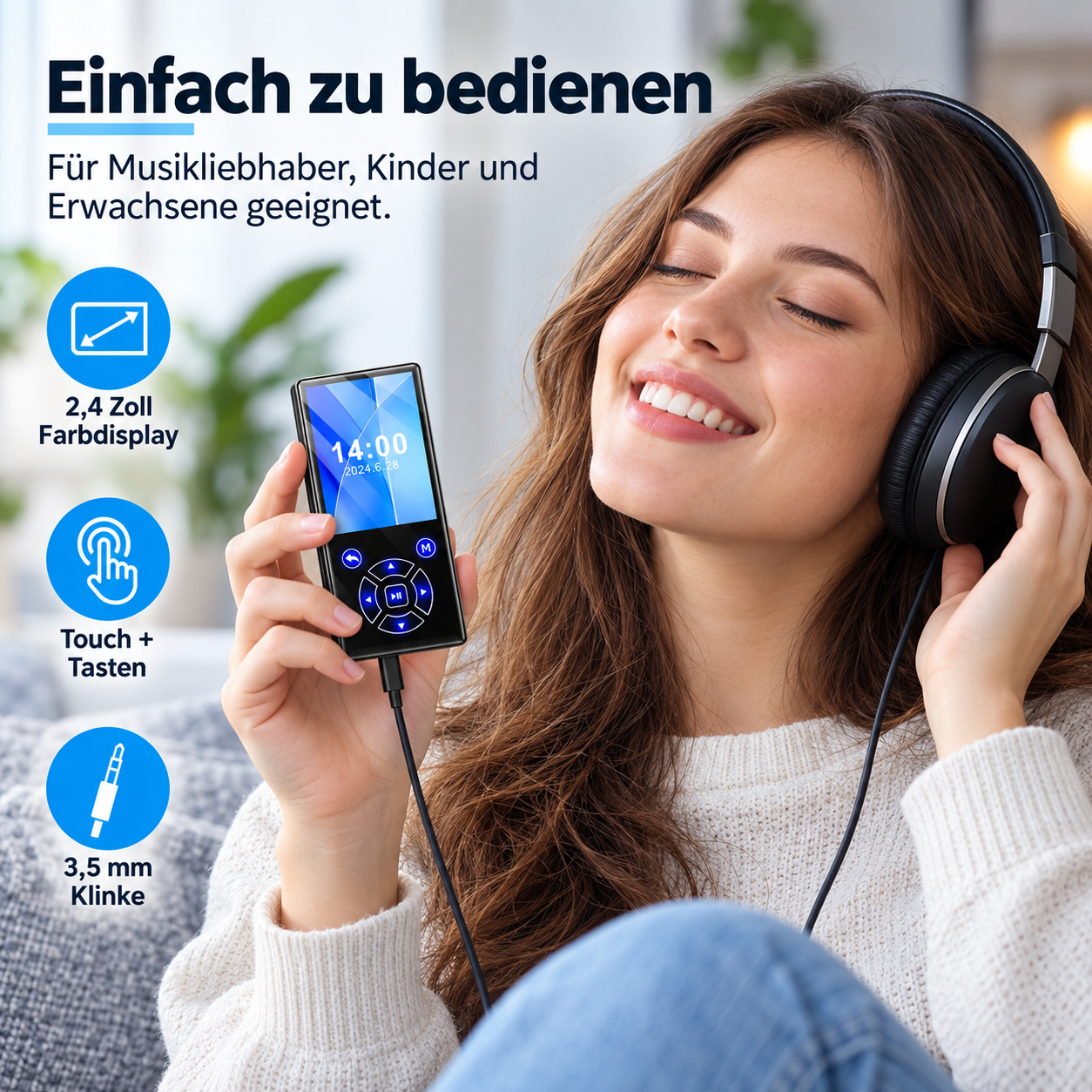 Glückliche Frau mit Kopfhörern hält einen kleinen MP3-Player und lächelt, mit erklärenden Infografiken.