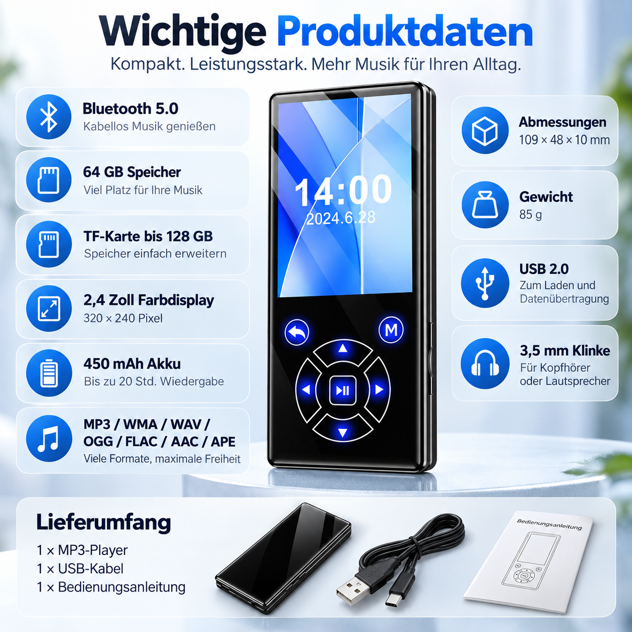 Produktmerkmale eines schwarzen MP3-Players, umgeben von Spezifikationen und Zubehör.