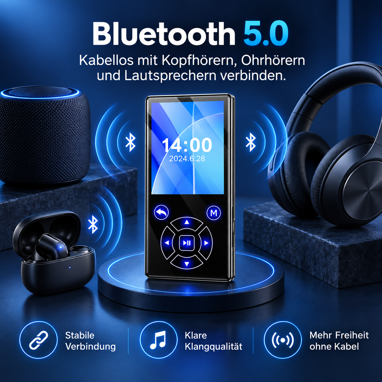 MP3-Player mit Bluetooth 5.0 verbindet sich drahtlos mit Ohrhörern, Kopfhörern und Lautsprechern auf blauem Grund.