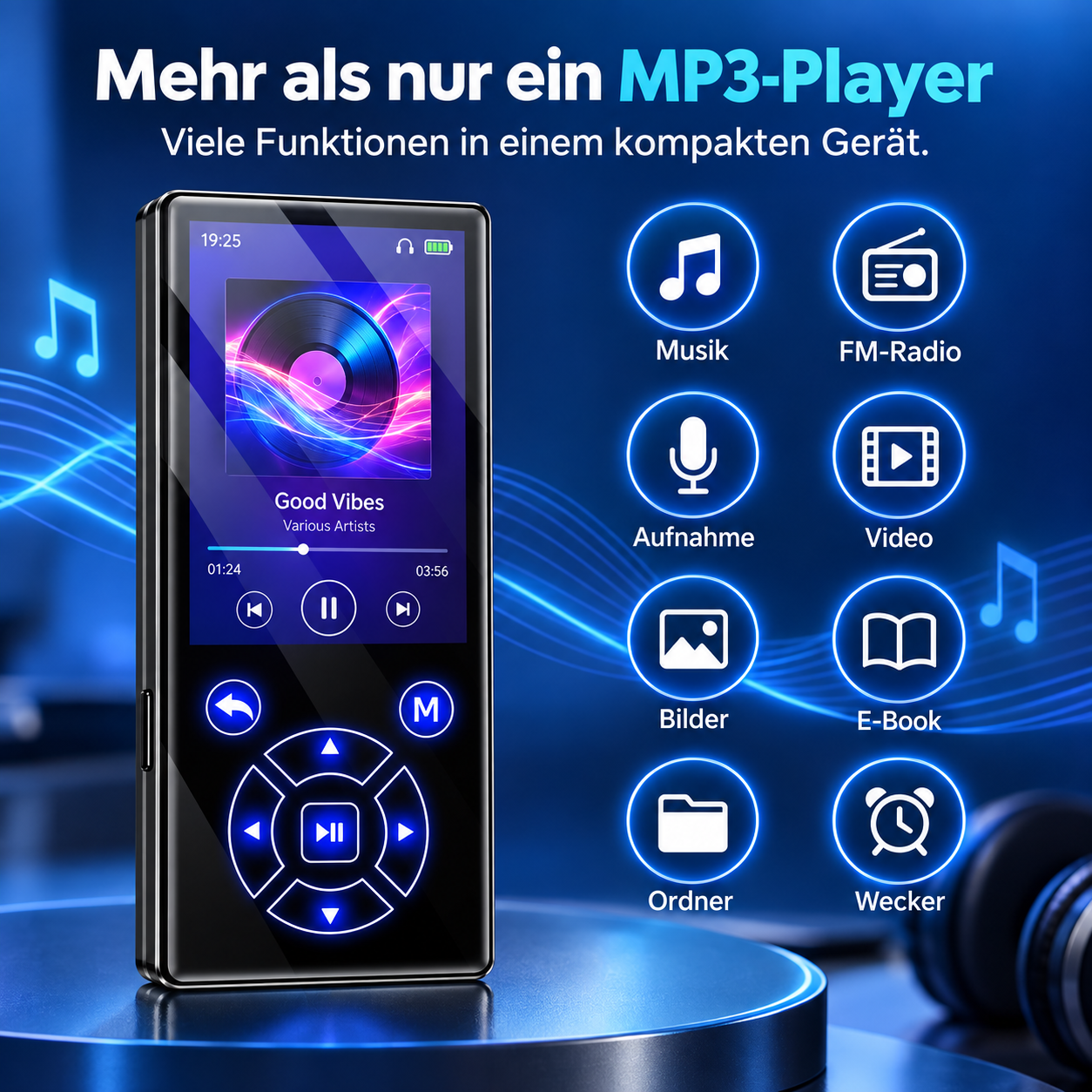 MP3-Player mit Touchscreen und Symbolen für Musik, Radio, Aufnahme, Video, Bilder, E-Book, Ordner und Wecker.