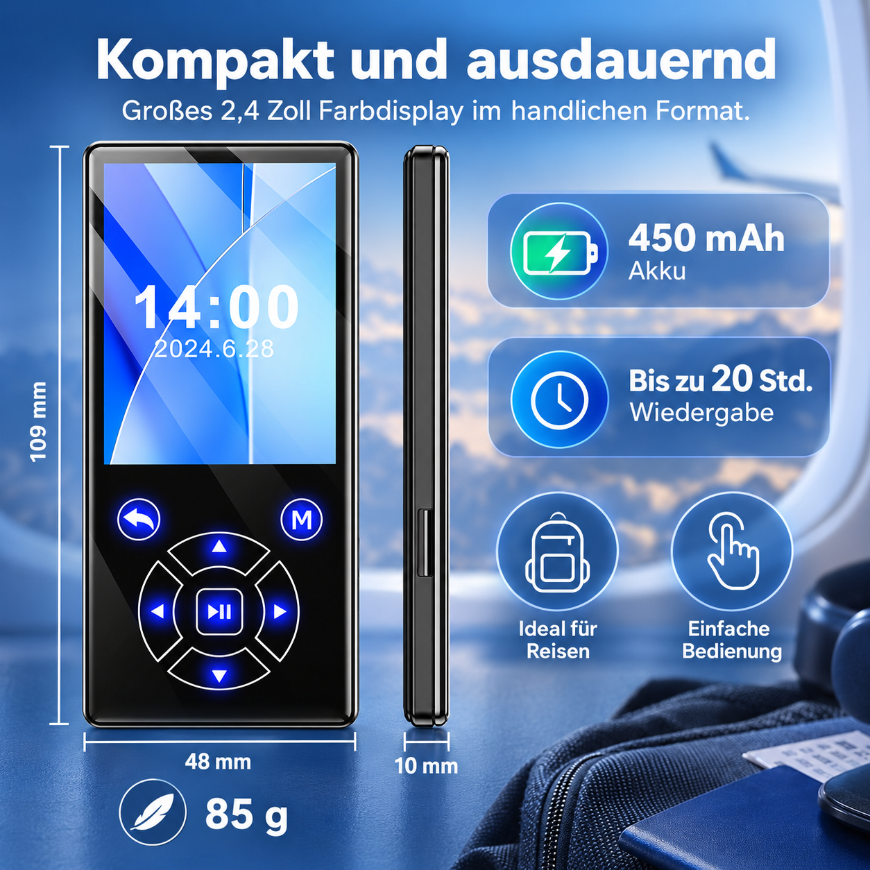 Kompakter MP3-Player mit 2,4-Zoll-Farbdisplay, 450-mAh-Akku, Maßen von 109x48x10 mm und 85 g Gewicht.