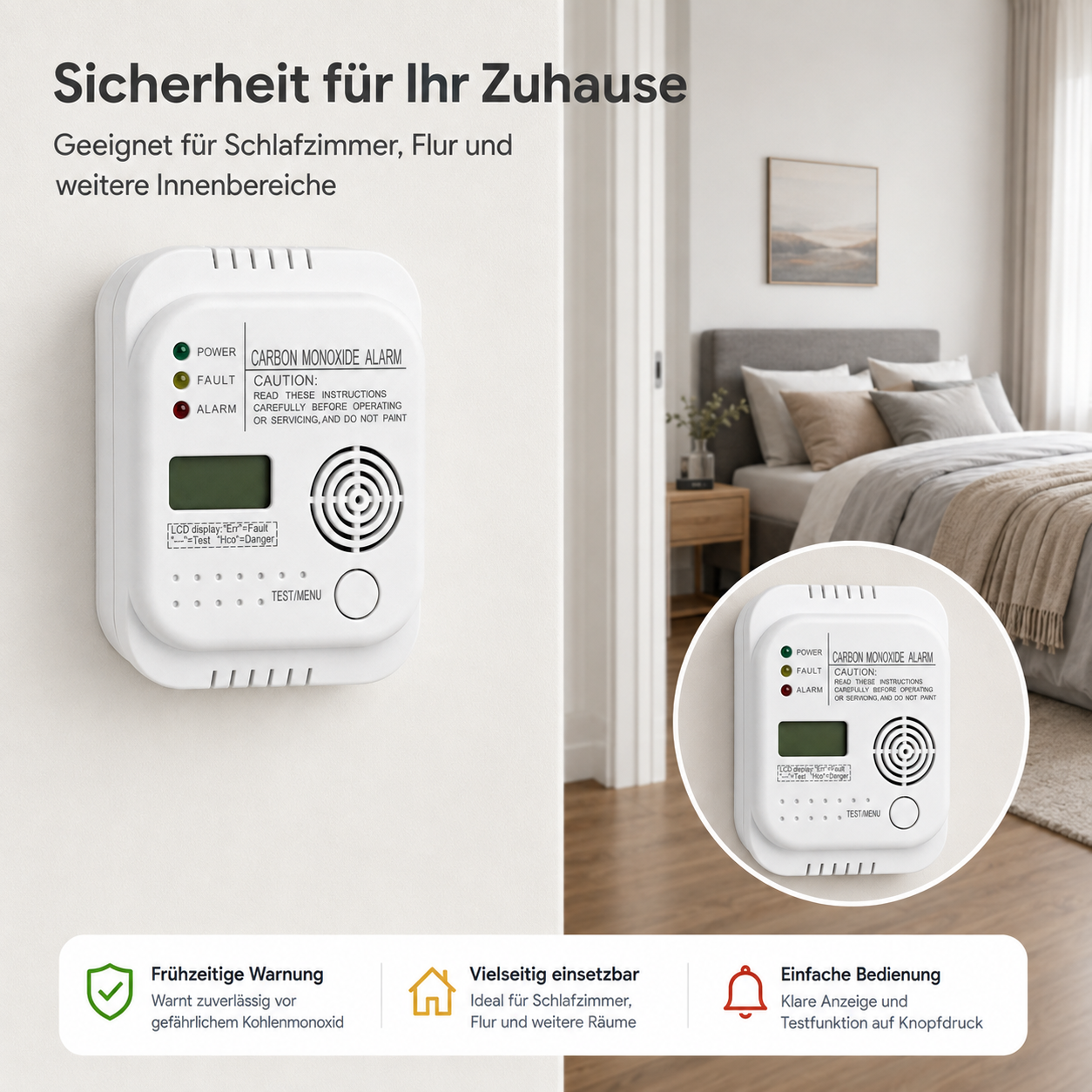 Ein weißer Kohlenmonoxidmelder an einer Wand mit Text auf Deutsch und einem verschwommenen Schlafzimmer im Hintergrund.