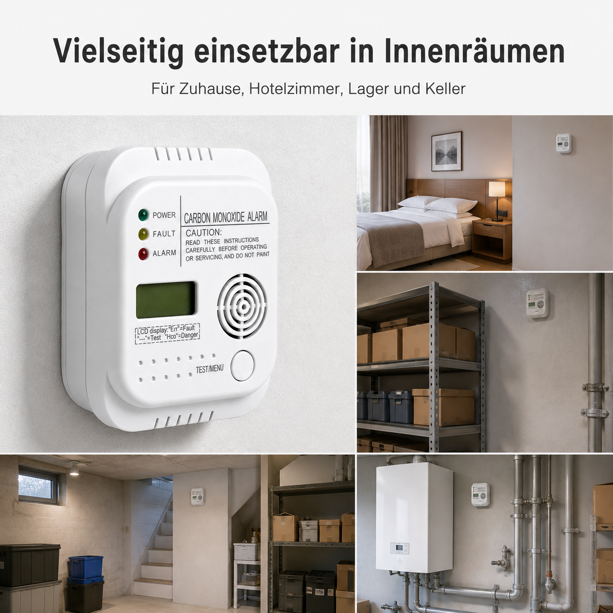 Kohlenmonoxidmelder an einer Wand mit Beispielen für den Einsatz in Schlafzimmer, Lager und Keller.