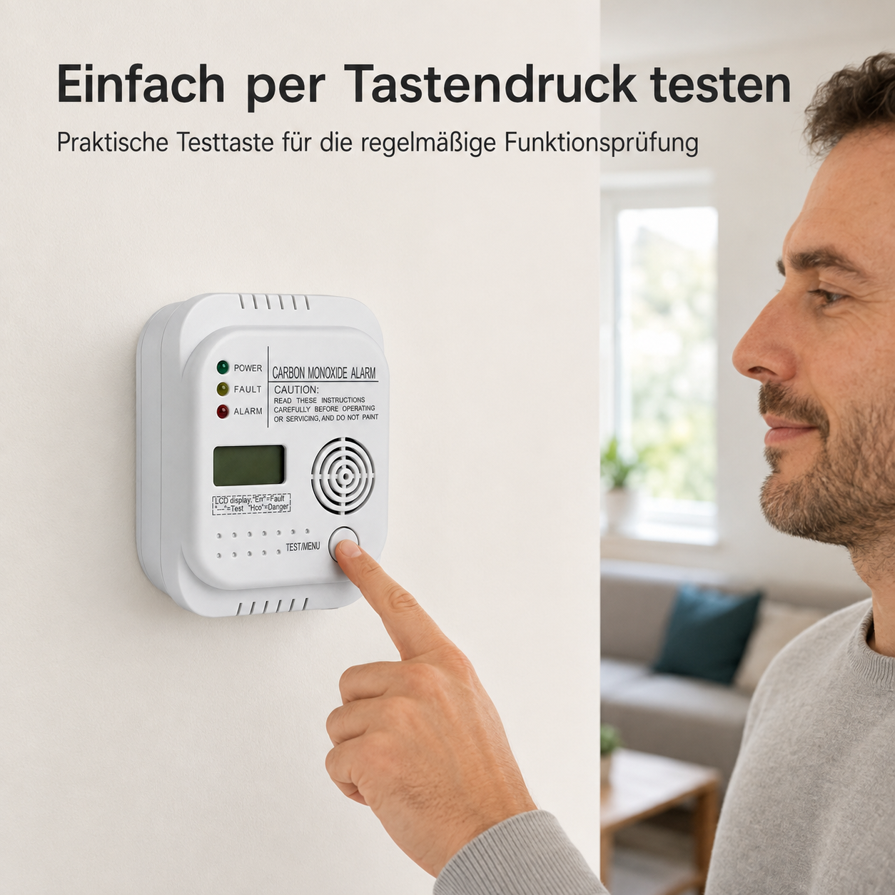 Ein Mann drückt den Testknopf eines weißen Kohlenmonoxidmelders an einer Wand.