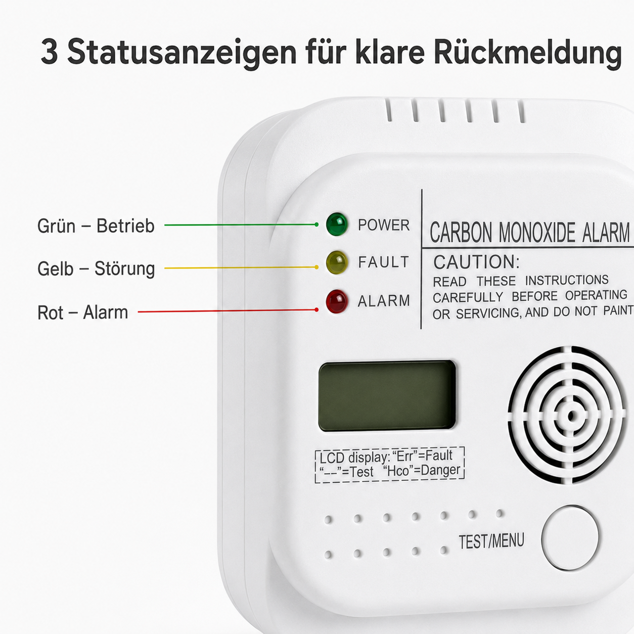 Weißer Kohlenmonoxidmelder mit drei Statusleuchten, LCD-Display, Lautsprechergitter und deutscher Beschriftung.