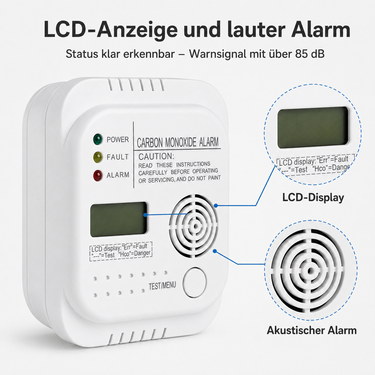 Weißer Kohlenmonoxidmelder mit LCD-Display, Status-LEDs und integriertem Testknopf auf hellerem Hintergrund.