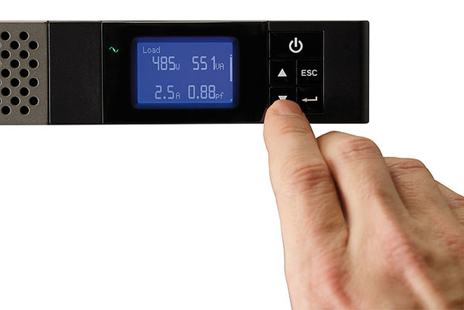 A hand presses the down arrow button on a black control panel with a blue LCD screen displaying metrics.