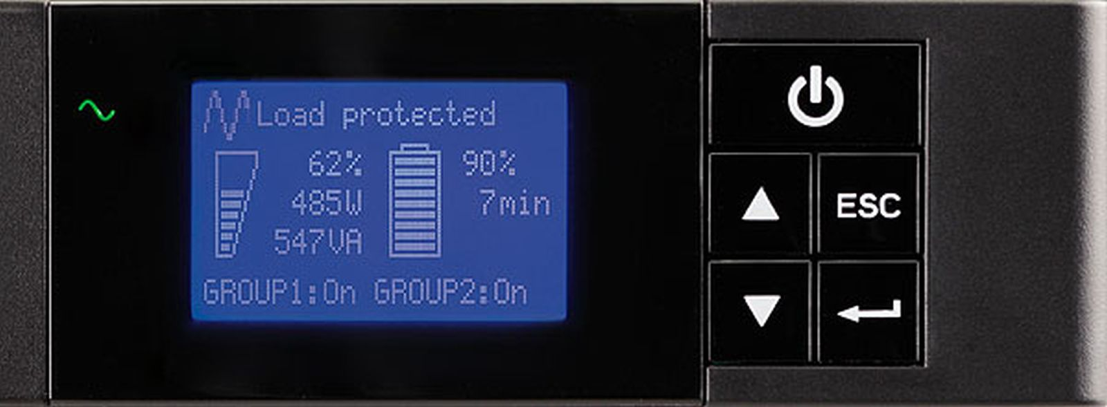 UPS control panel with a blue display showing load protected, 62% load, 90% battery, and buttons.