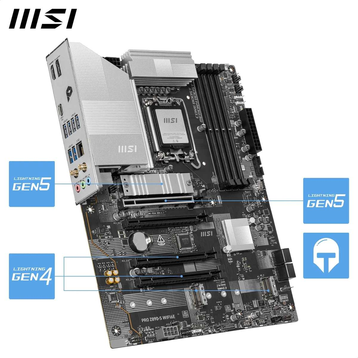 Plyta glowna MSI PRO Z890-S WIFI6E ze srebrnymi radiatorami, gniazdem CPU, slotami RAM i PCIe.