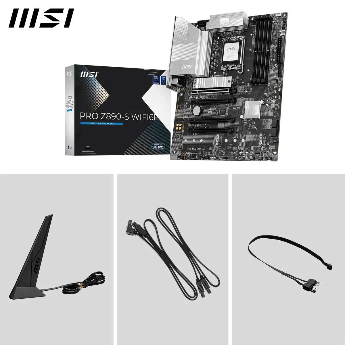 Plyta glowna MSI PRO Z890-S WIFI6E z pudelkiem, antena i kablami na bialym tle.