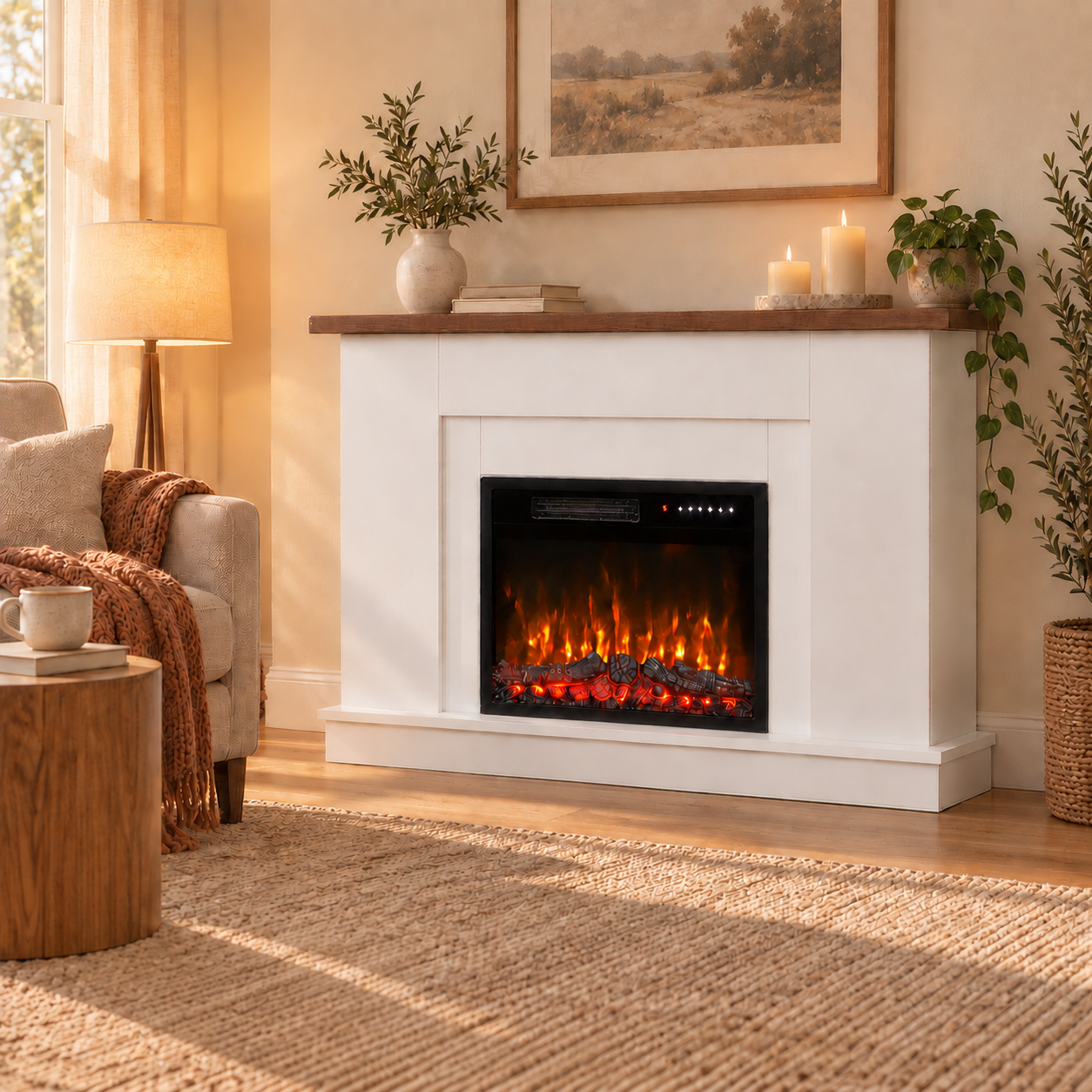 Ein weißer elektrischer Kaminmantel mit Feuer, Pflanzen und Kerzen in einem gemütlichen Wohnzimmer.