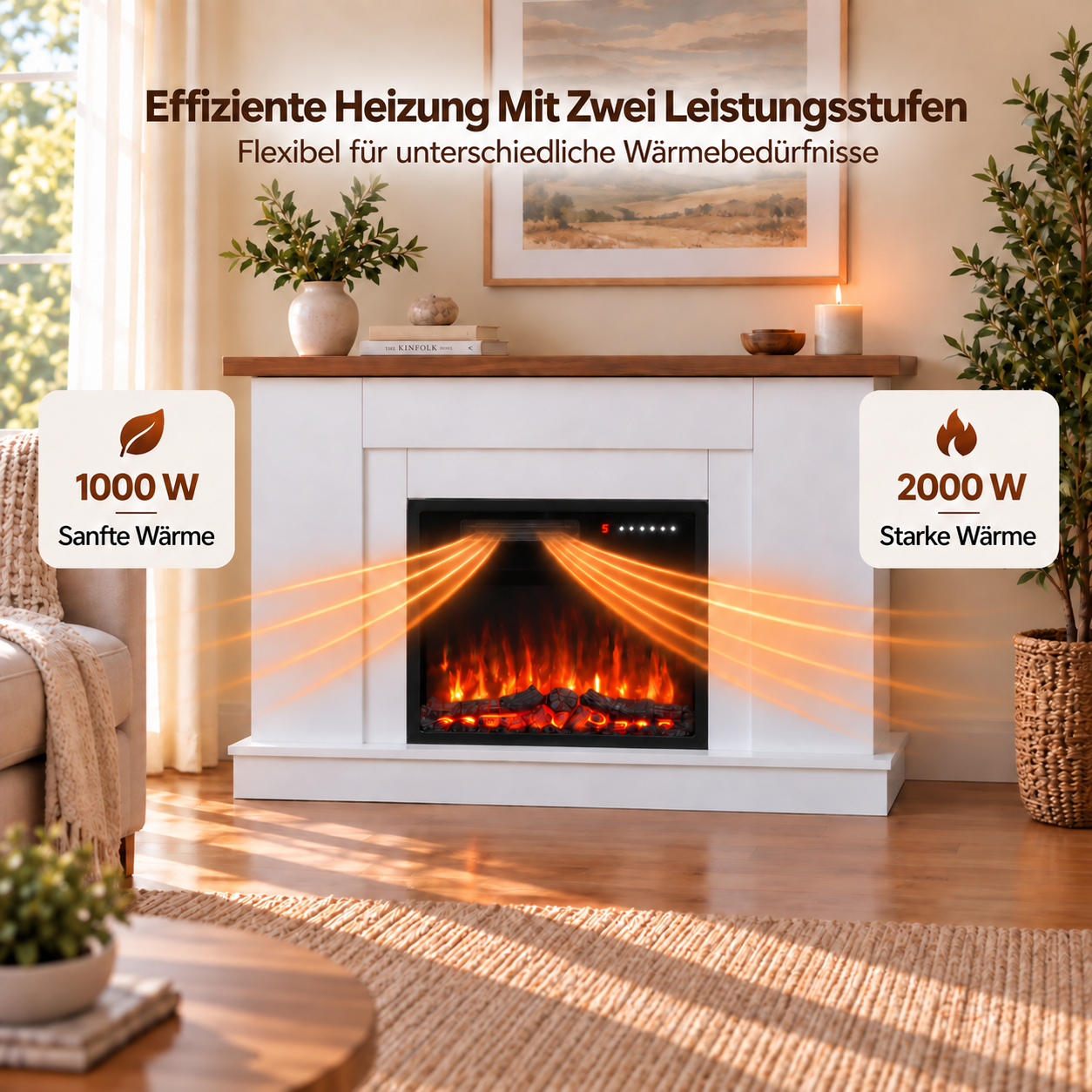 Moderner weißer Elektrokamin mit zwei Leistungsstufen, 1000W und 2000W, in einem gemütlichen Wohnzimmer.