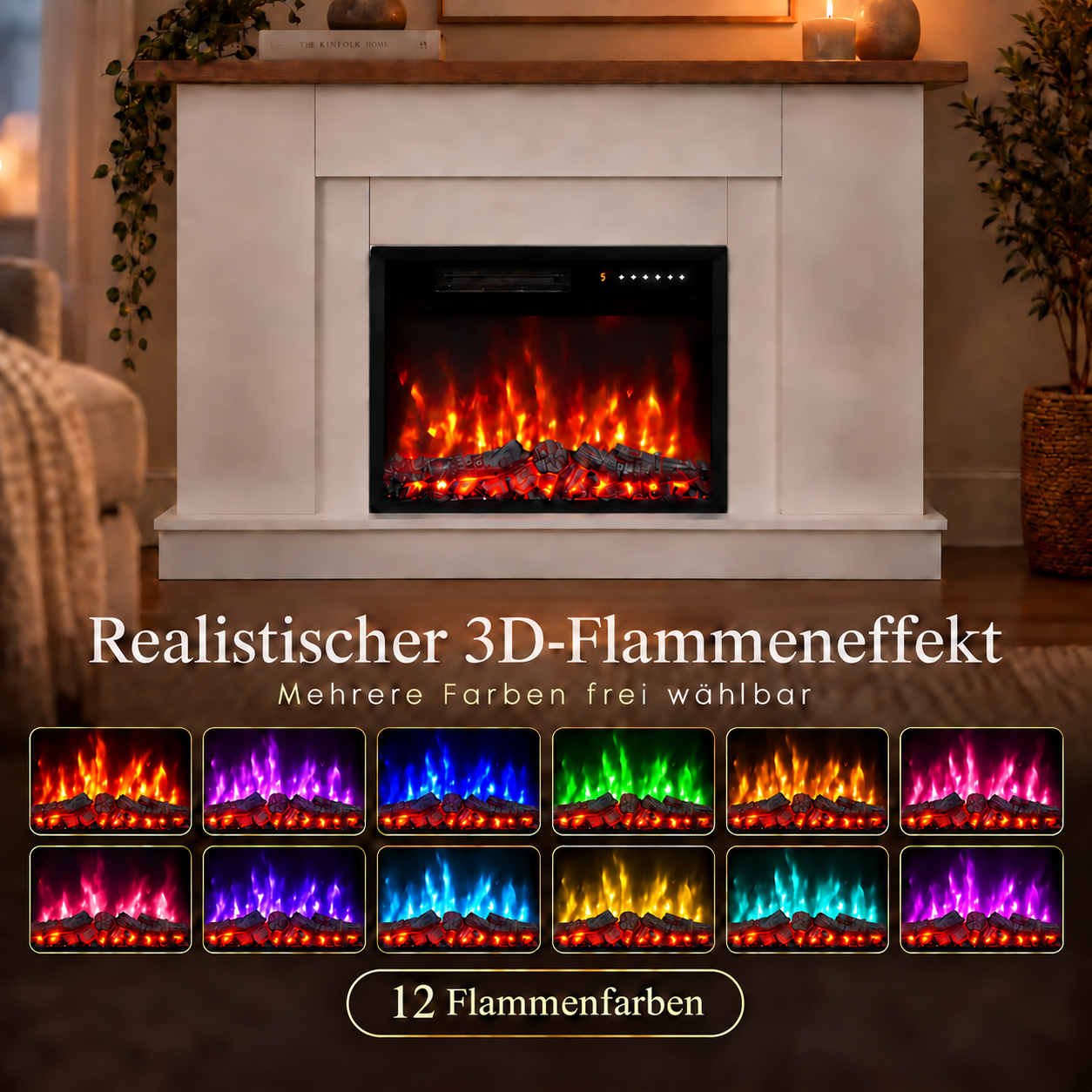 Moderner elektrischer Kamin mit lebendigem 3D-Flammeneffekt in zwölf auswählbaren Farben.