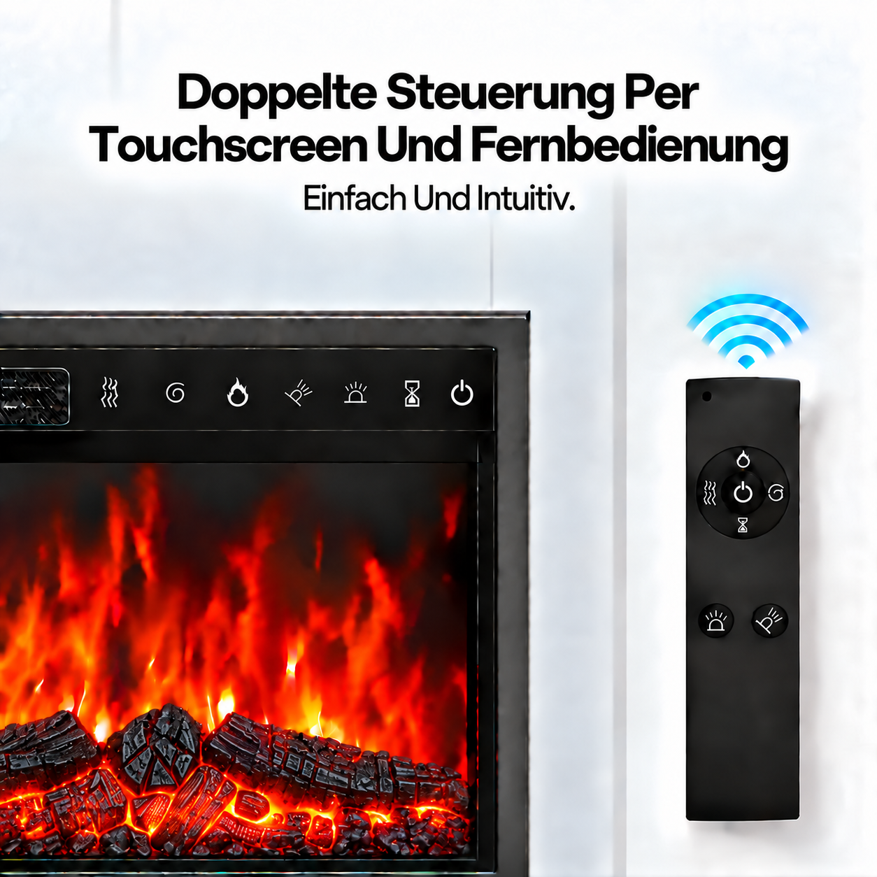 Elektrokamin mit Touch-Bedienfeld und Fernbedienung, mit realistischen roten Flammen und brennenden Holzscheiten.