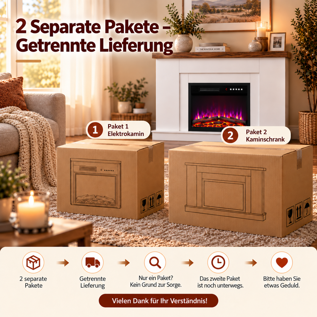Zwei Pappkartons mit Elektro Kamin Teilen stehen in einem gemütlichen Wohnzimmer.
