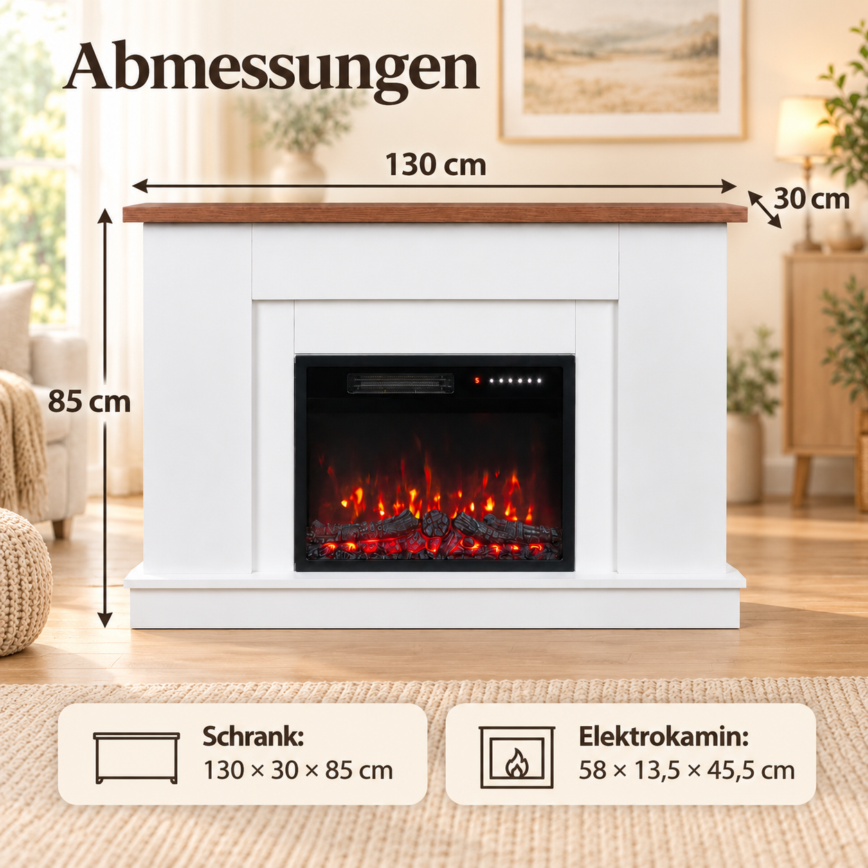 Weißer Elektrokamin mit holzfarbener Platte und Maßangaben in einem Wohnzimmer.