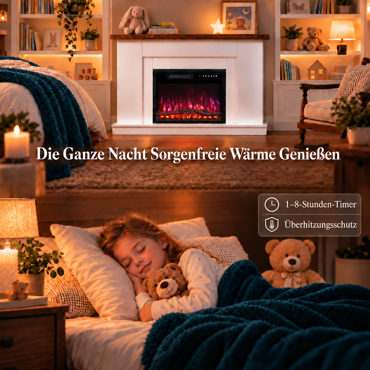 Ein junges Mädchen schläft friedlich im Bett und umarmt einen Teddybären, mit einem Kamin im Hintergrund.