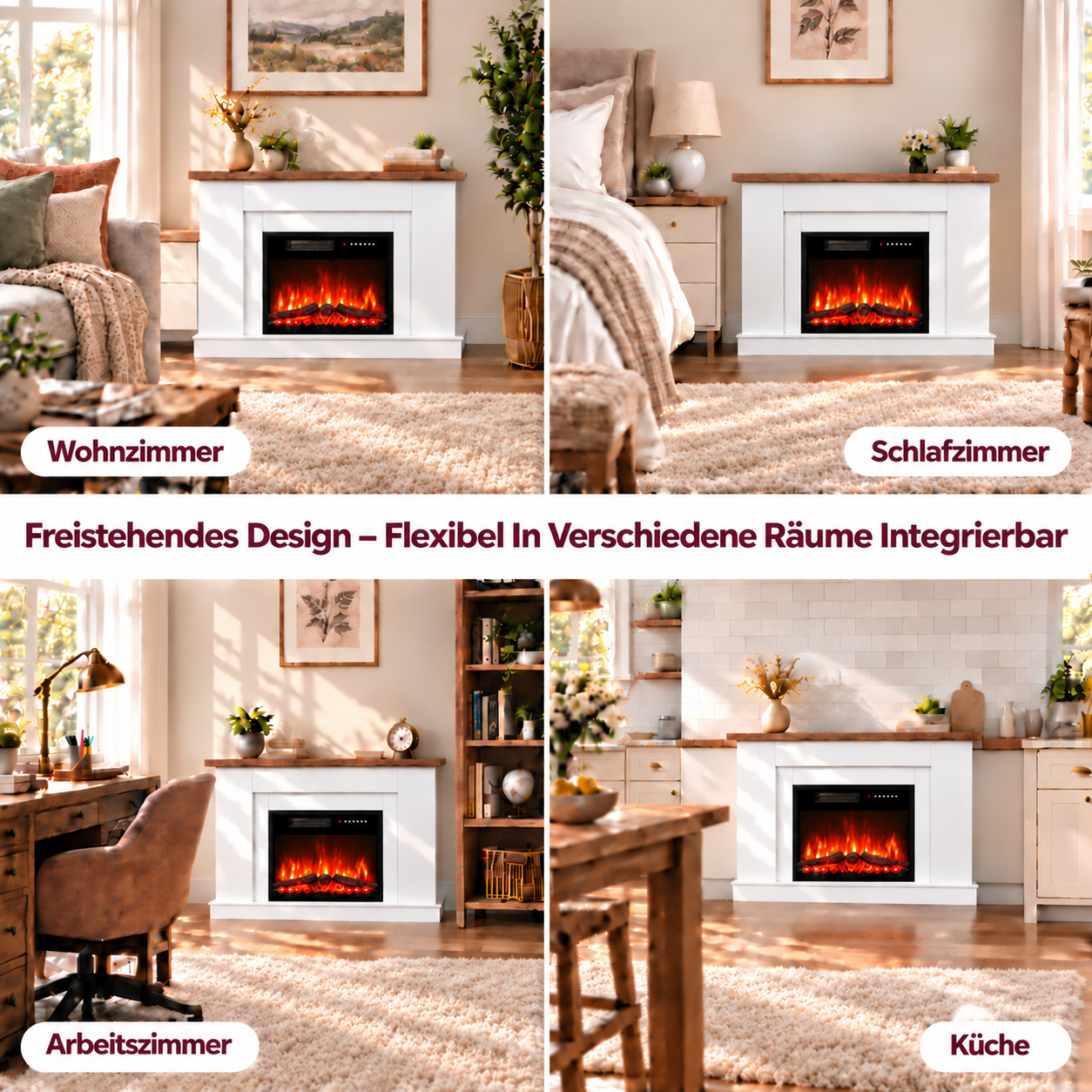 Ein weißer Elektrokamin in vier verschiedenen Räumen: Wohnzimmer, Schlafzimmer, Arbeitszimmer und Küche.